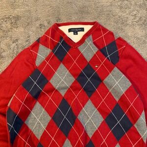 Tommy Hilfiger Mens Argyle V-Neck Sweater Red Navy Blue Grey Size M